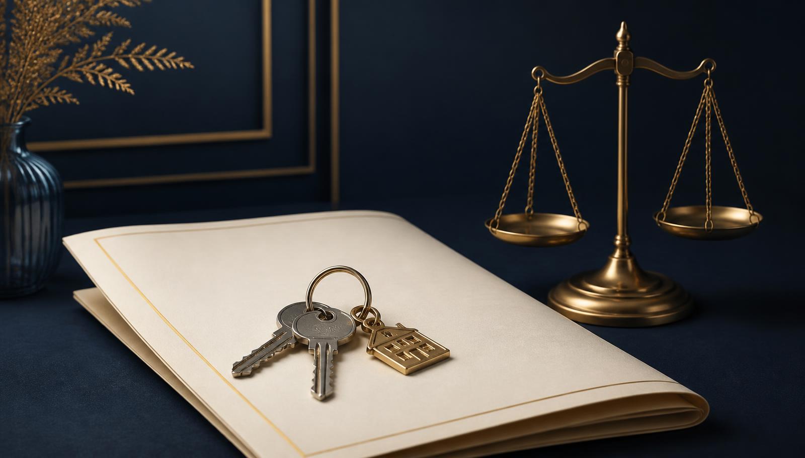 Trousseau de clés d'appartement posé sur un contrat de bail, à côté d'une balance dorée, sur fond bleu marine